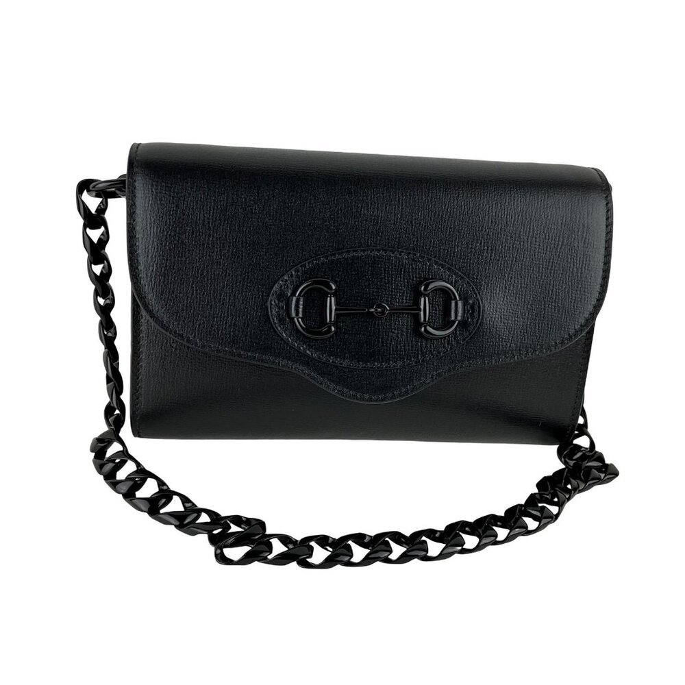 Gucci Women's Black Calf Leather Horsebit 1955 Mini Shoulder Bag Chain Strap